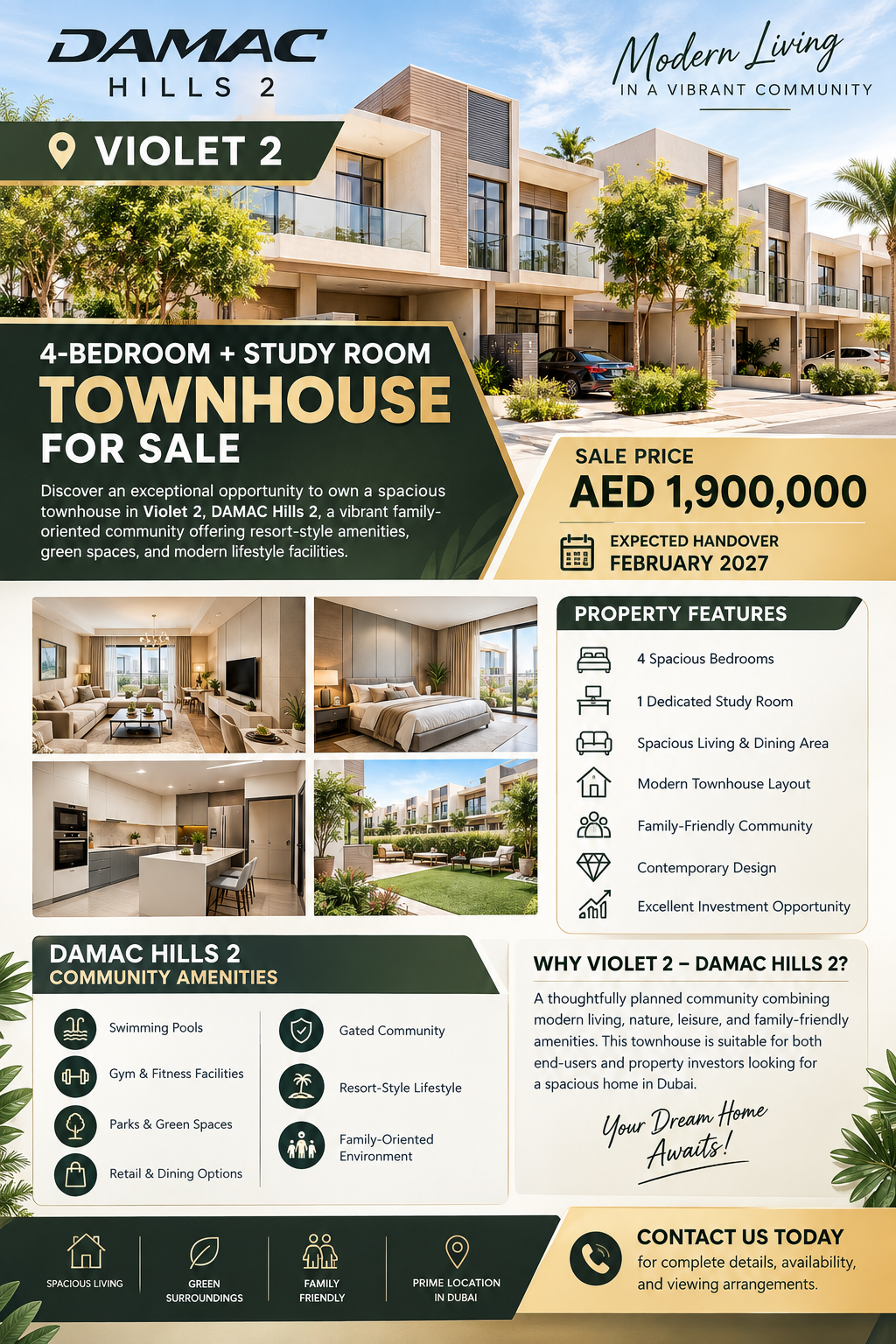 🔥 DAMAC HILLS 2 – VIOLET 2 🔥 🏡 4-BEDROOM + STUDY ROOM TOWNHOUSE FOR SALE