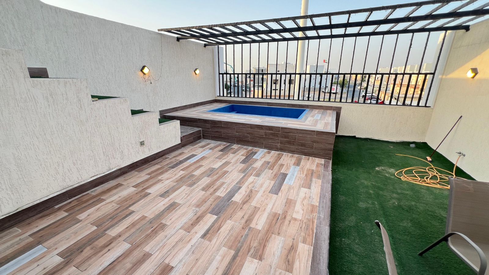 The price is 1.5 million. The villa is second occupancy and can be taken furnished or unfurnished. The villa is three years old and has five bedrooms, seven bathrooms, two living rooms, a rooftop terrace, a swimming pool, two kitchens, and three floors. 7